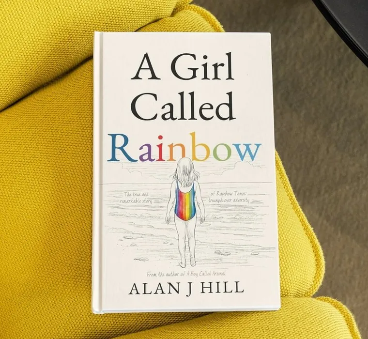 The book A Girl Called Rainbow by Alan J Hill, lying on a yellow armchair.